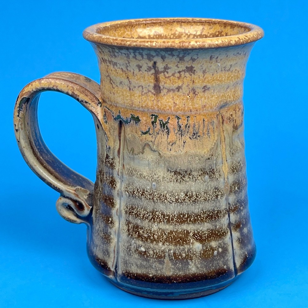 Vintage Handmade Studio Pottery Ceramic Coffee Mug Brown Earth Tones Drip Glaze